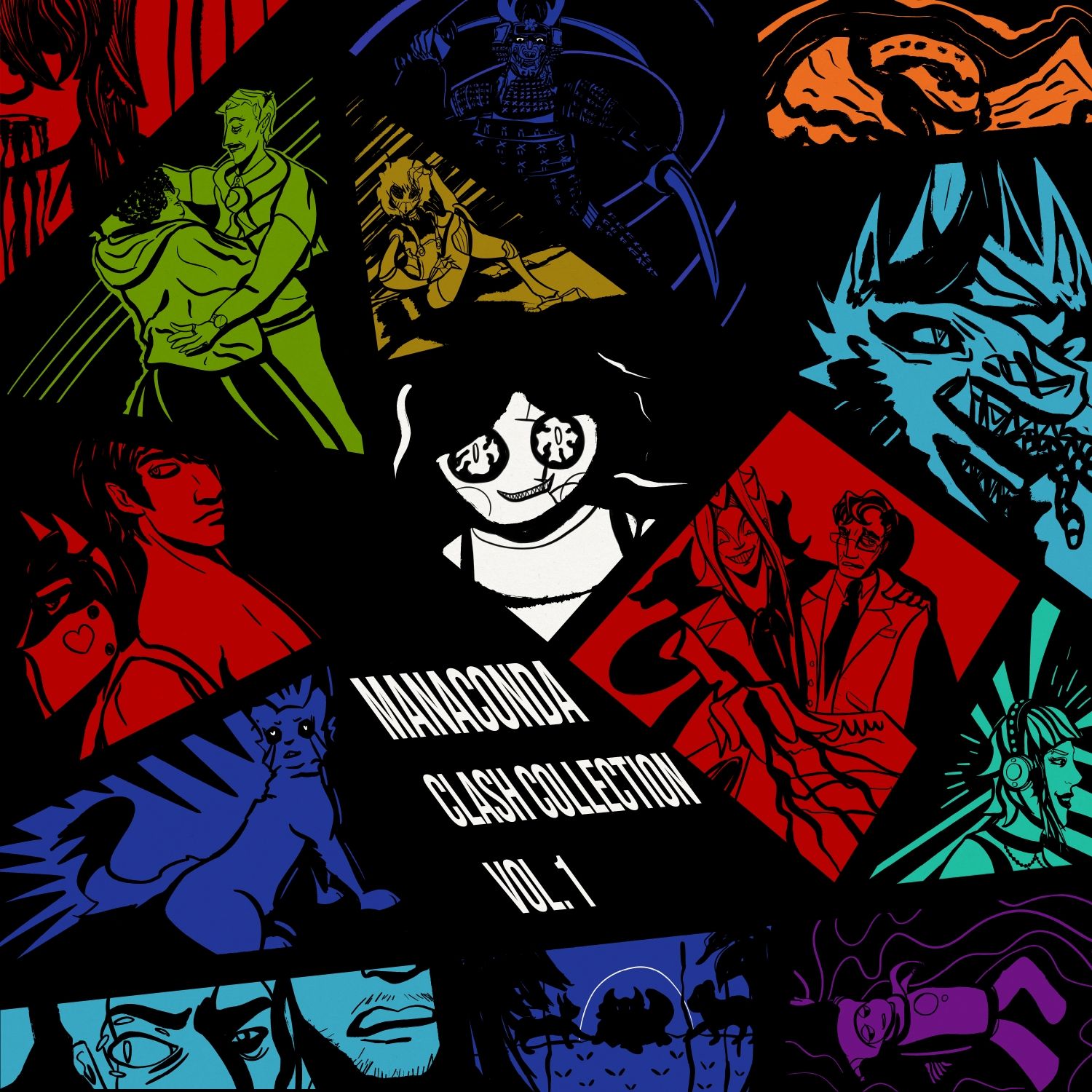 Album cover for Clash Collection, Vol. 1 by Manaconda, featuring a collage of the characters who the album's tracks were based on. The drawings are simple, inked in black and white with a different colour background for each character.